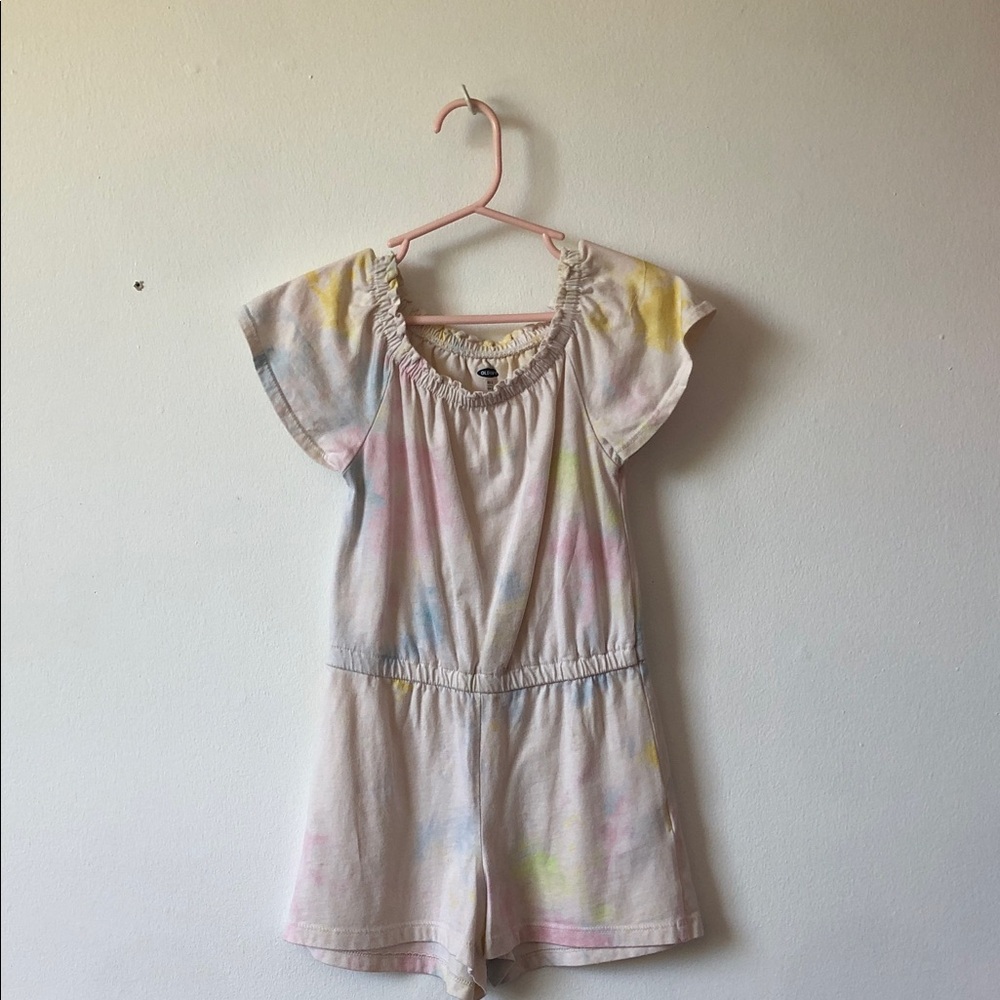 Old Navy Pastel Tie-Dye Summer Short Romper in Cream with Pink, Blue & Yellow